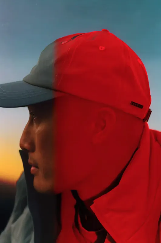 Split red gel portrait profile, editorial, photographic, warm