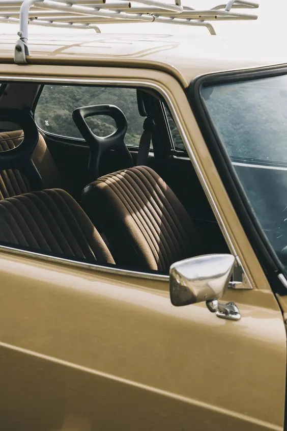 Vintage car interior and roof rack, photographic, retro, muted