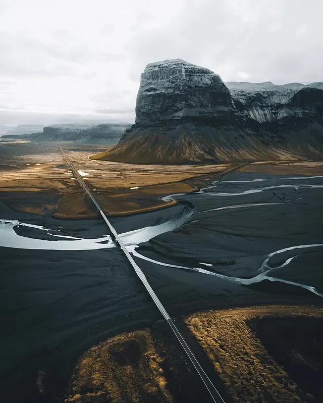 Icelandic plateau road aerial landscape, photographic, minimal, muted