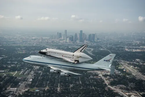 Space Shuttle on carrier aircraft, photographic, technical, light