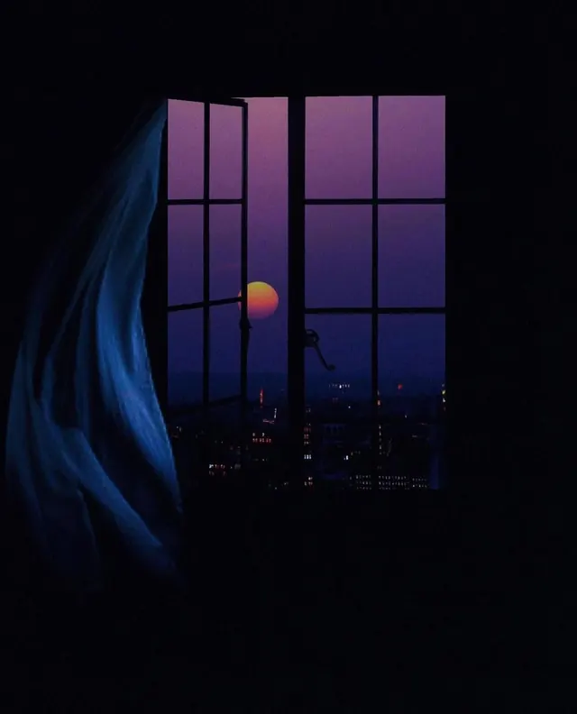 Twilight window with blowing curtain, photographic, cinematic, dark