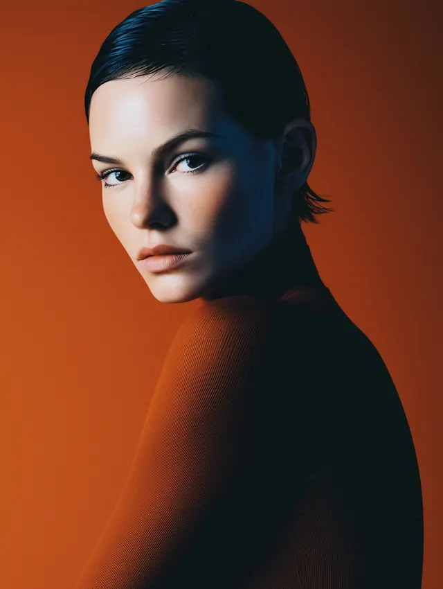 Orange backdrop over-shoulder portrait, editorial, photographic, vibrant