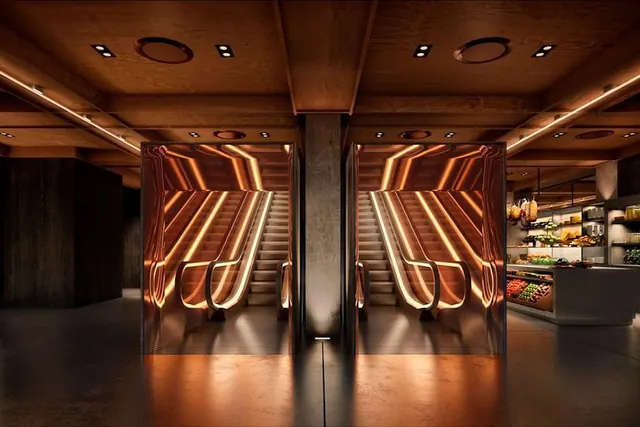 Modern Architectural Interior with Geometric Wood Accents