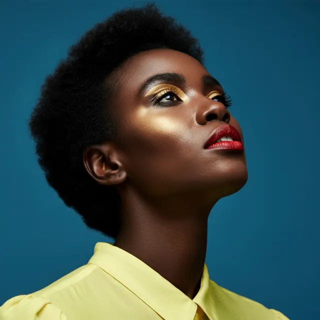 Gold makeup beauty portrait on teal, photographic, editorial, cool