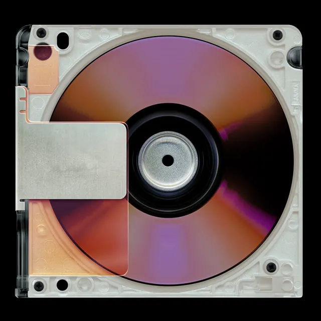 MiniDisc cartridge top-down product shot, photographic, technical, dark