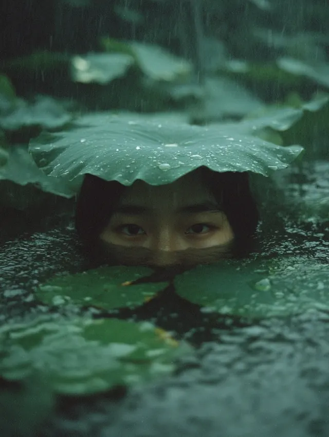 Rainy pond portrait with lily pad, photographic, organic, dark