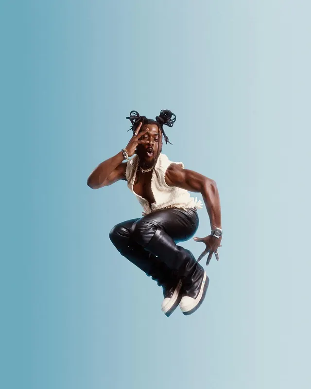 Jumping figure in fringed vest, photographic, editorial, cool