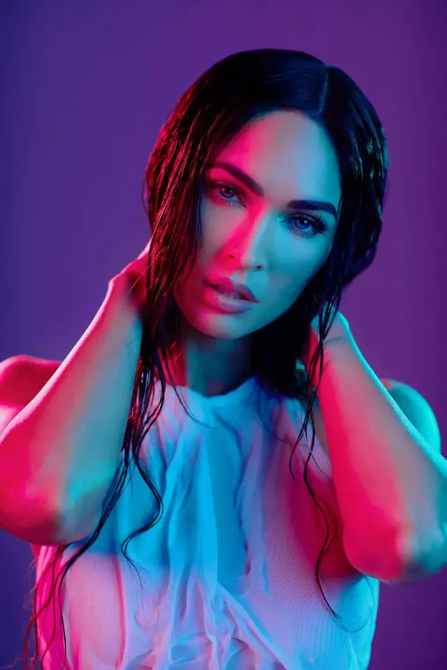 Megan Fox dual-tone neon portrait, photographic, gradient-heavy, vibrant