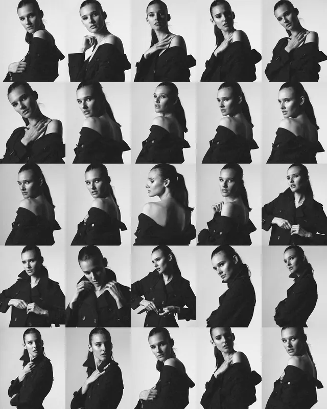 Trench coat portrait contact sheet grid, minimal, photographic, monochrome