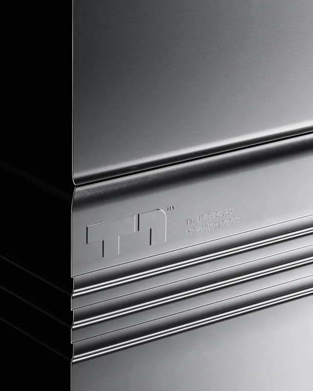 Embossed brushed-metal hardware macro, minimal, technical, monochrome