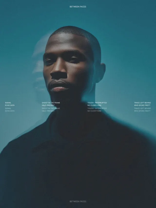 Between Faces teal double-exposure portrait, photographic, editorial, cool