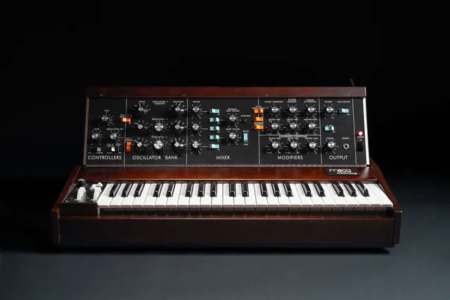 Moog Minimoog Model D product hero, minimal, retro, dark
