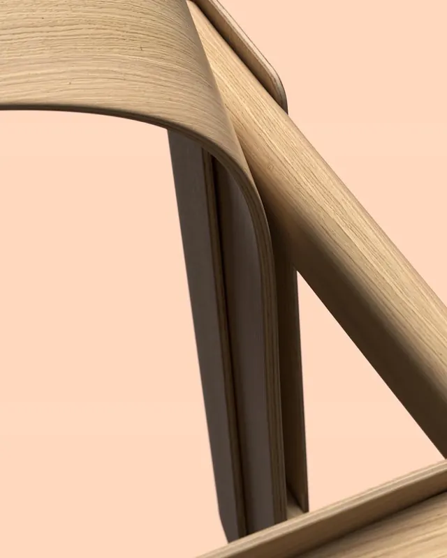 Bentwood chair joint close-up, minimal, photographic, light