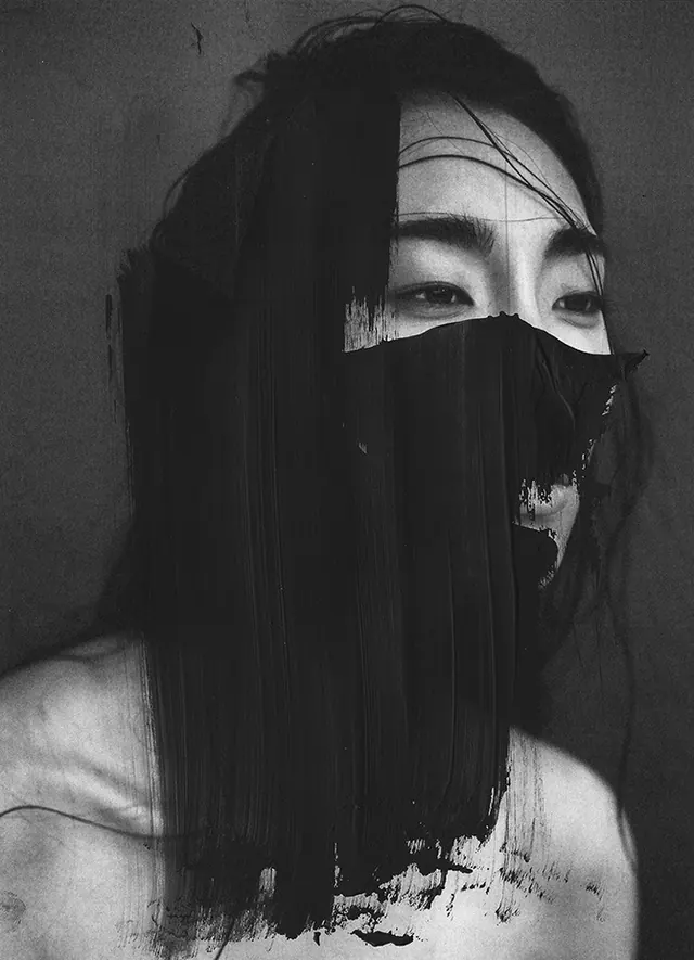 Paint-masked monochrome portrait, editorial, monochrome, monochrome