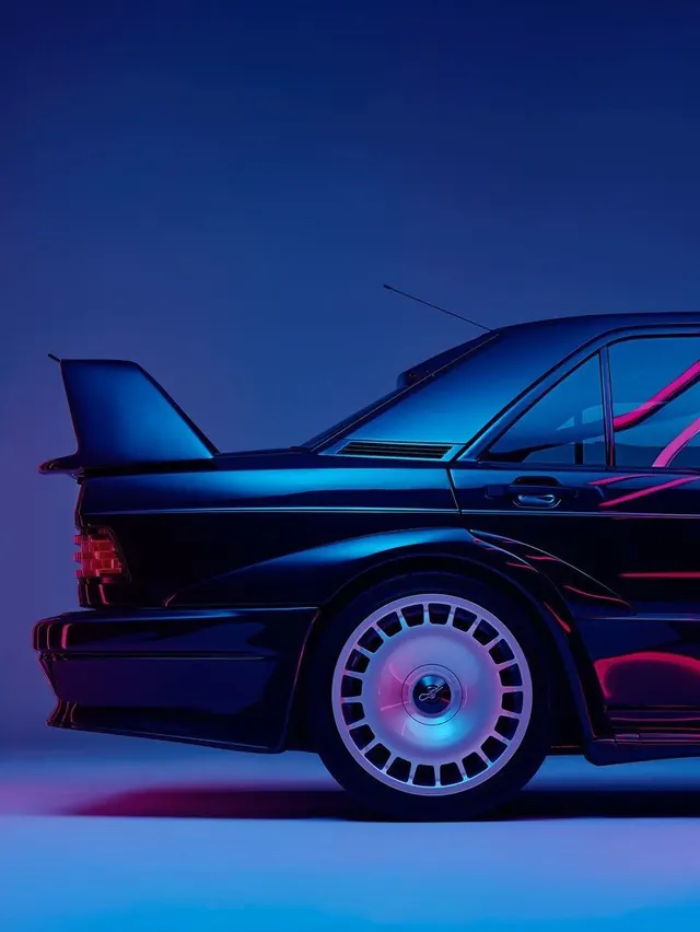 Mercedes 190E synthwave rear shot, retro, photographic, dark
