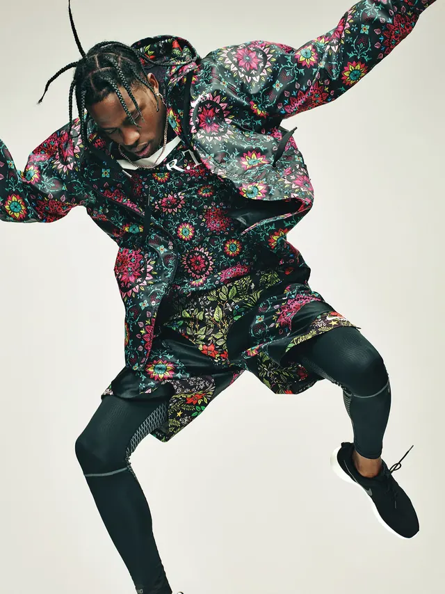 Floral streetwear jump shot, maximalist, photographic, dark