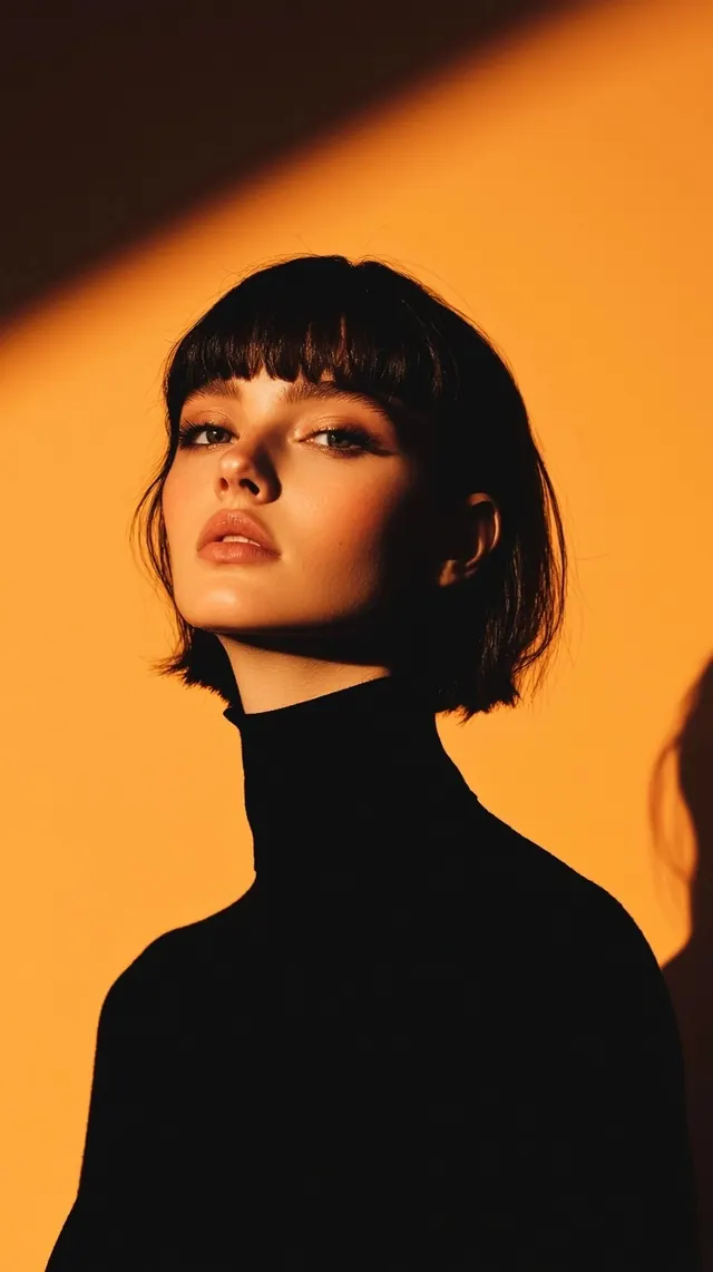 Orange-wall fashion portrait with side light, editorial, photographic, warm