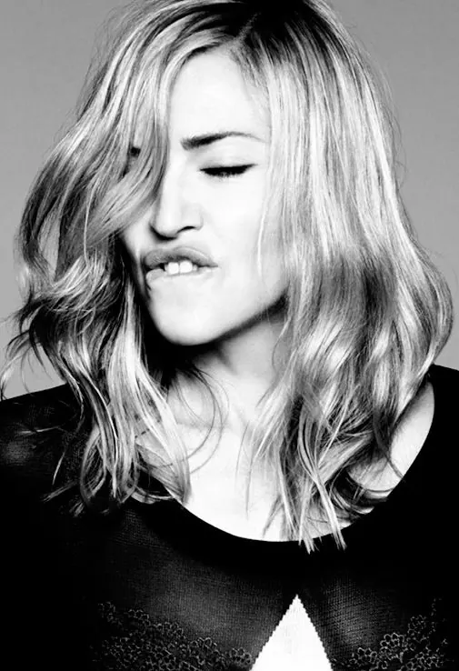 Madonna monochrome lip-bite portrait, photographic, minimal, monochrome
