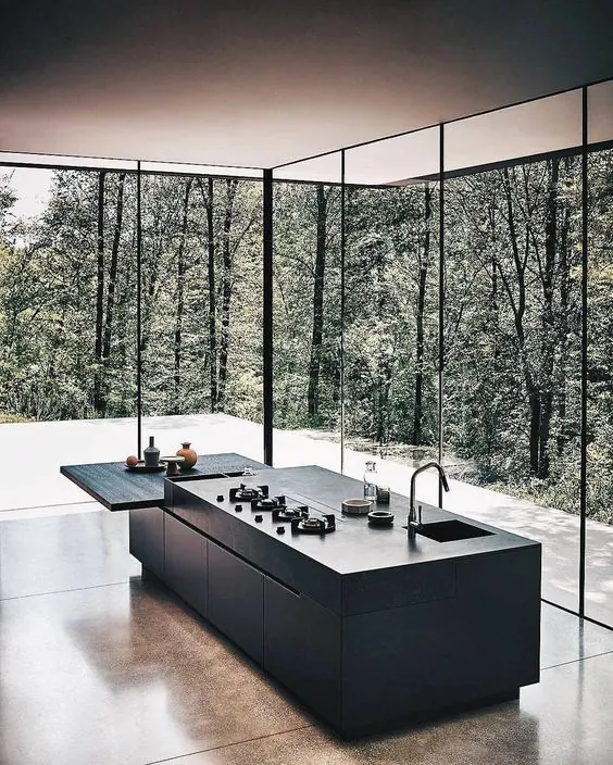 Modern Kitchen Island in Forest Setting, minimal, luxury, dark