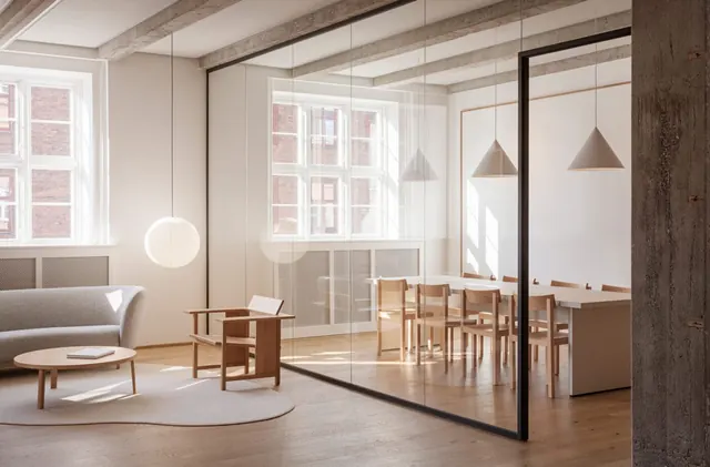 Modern Office Interior with Glass Partitions, minimal, corporate-clean, light