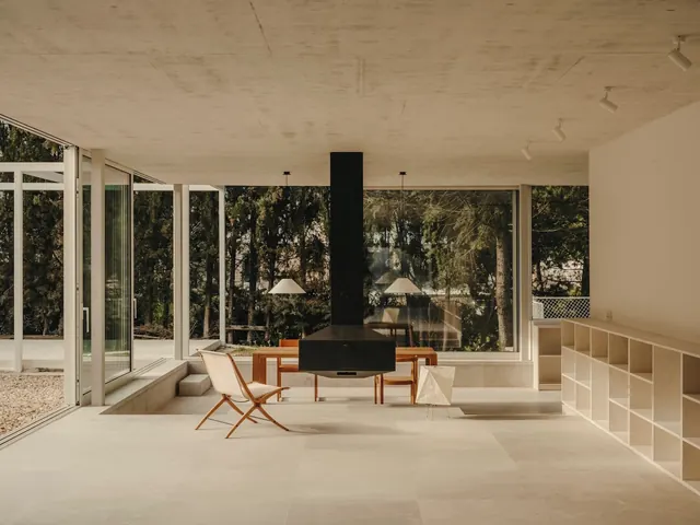 Modernist Interior with Wood and Concrete, minimal, photographic, muted
