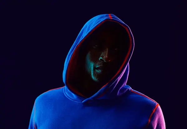 Neon Hooded Figure Portrait, dark-mode, photographic, dark