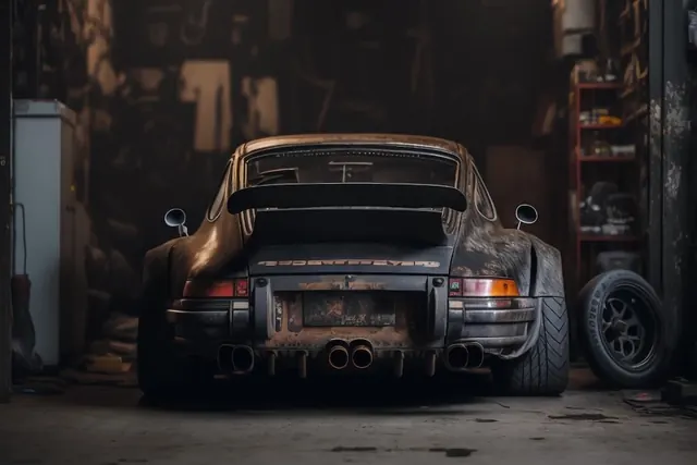 Rear View of a Porsche 911 in a Garage, photographic, dark-mode, dark