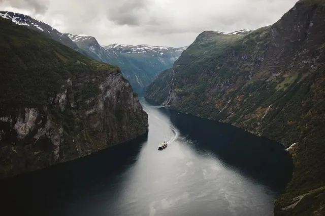 Fjord Landscape with Boat, photographic, minimal, dark
