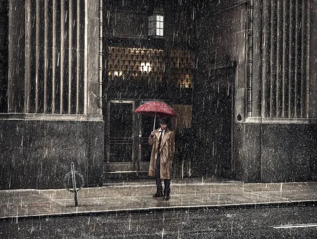 Person with Umbrella in Rain, photographic, minimal, dark
