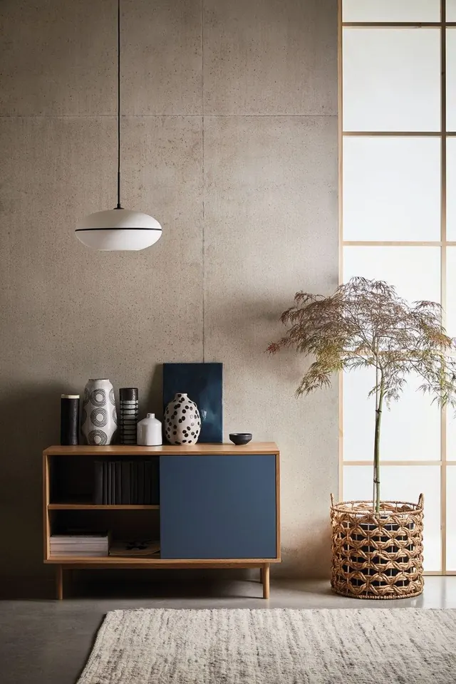 Japandi sideboard interior, minimal, organic, muted