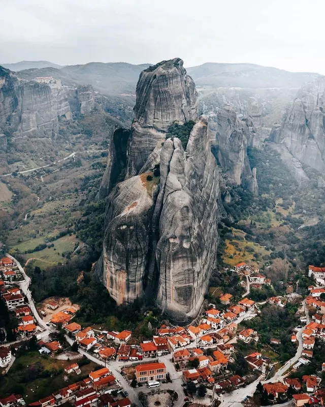 Meteora rock monolith aerial, photographic, organic, muted