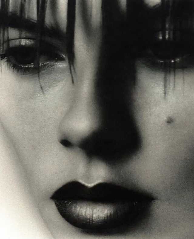 High-contrast beauty close-up, editorial, monochrome, monochrome