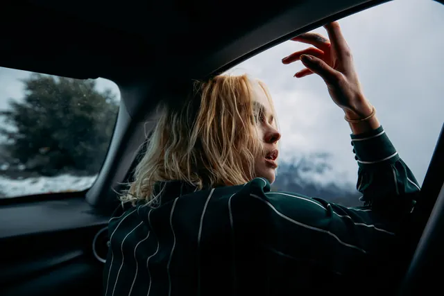 Car window mountain portrait, photographic, editorial, muted