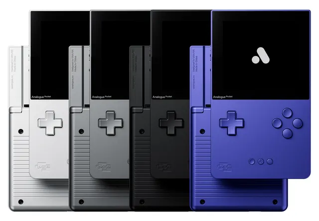 Analogue Pocket multi-color product lineup, minimal, photographic, dark