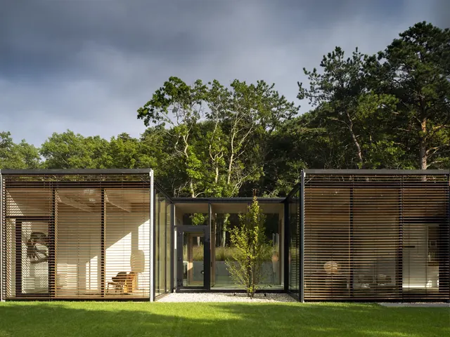 Glass louvered modern house, minimal, photographic, muted