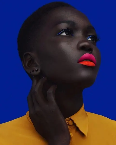 Color-Block Beauty Portrait on Blue, editorial, photographic, vibrant