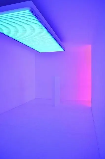 Cyan-purple light installation room, minimal, photographic, vibrant