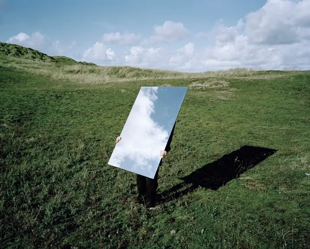 Field mirror sky reflection portrait, photographic, minimal, muted