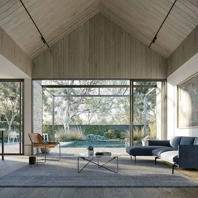 Vaulted wood ceiling living room, minimal, photographic, light