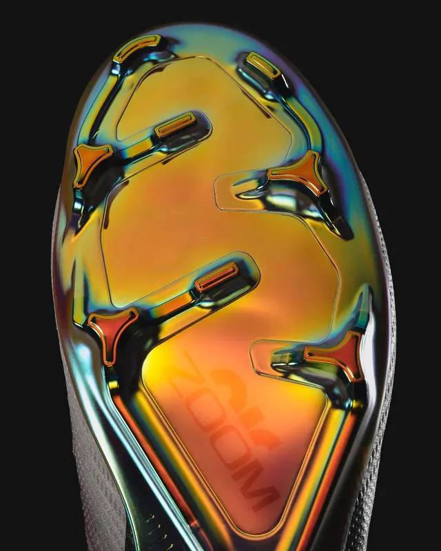 Iridescent Nike cleat sole macro, photographic, technical, dark