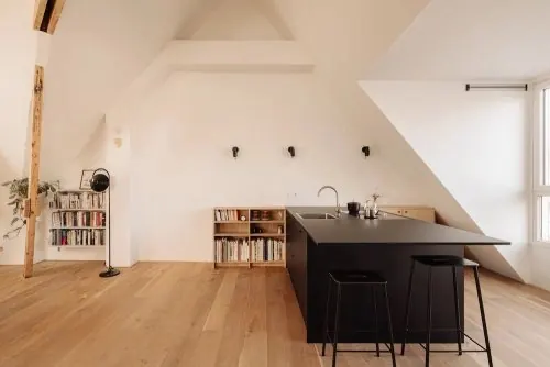 Attic minimalist kitchen interior, minimal, photographic, light