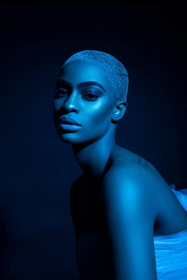 Blue gel beauty retouch portrait, photographic, editorial, cool