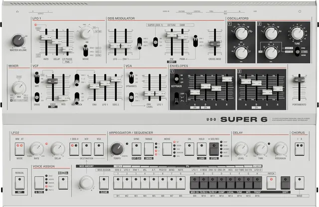 UDO Super 6 synthesizer top view, technical, minimal, light