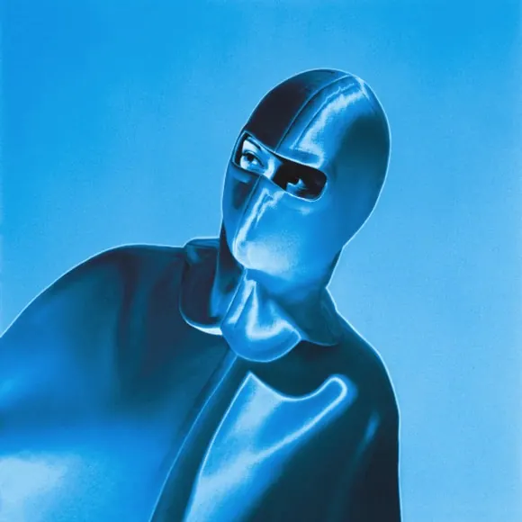 Blue latex hooded fashion portrait, photographic, editorial, cool