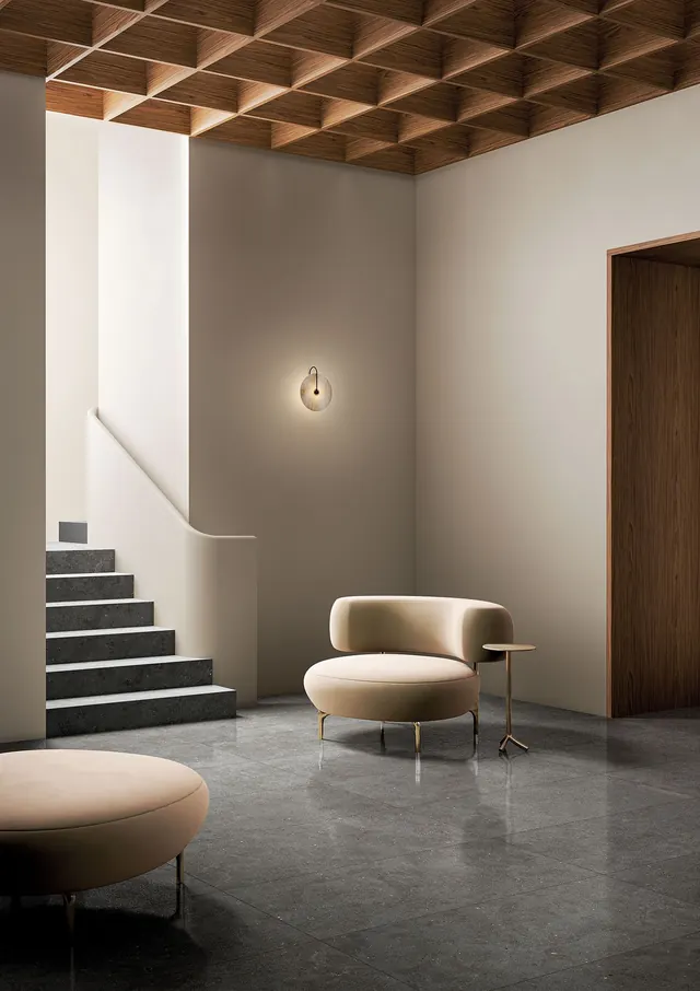 Wood coffered lounge interior, minimal, photographic, muted