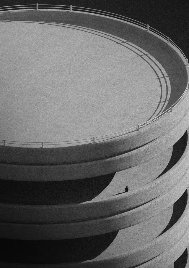 Brutalist spiral ramp from above, brutalist, photographic, monochrome