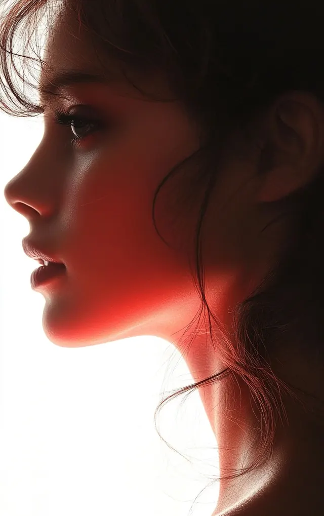 Red-lit profile portrait, photographic, editorial, light