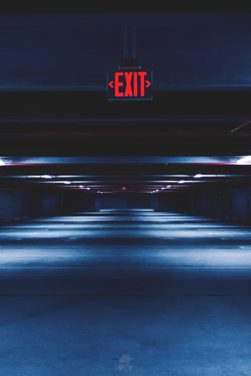 Parking garage EXIT photo, photographic, minimal, dark