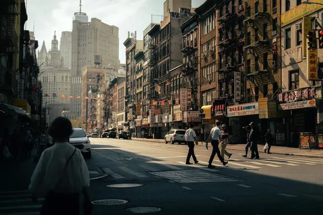 Chinatown street golden hour, photographic, editorial, warm
