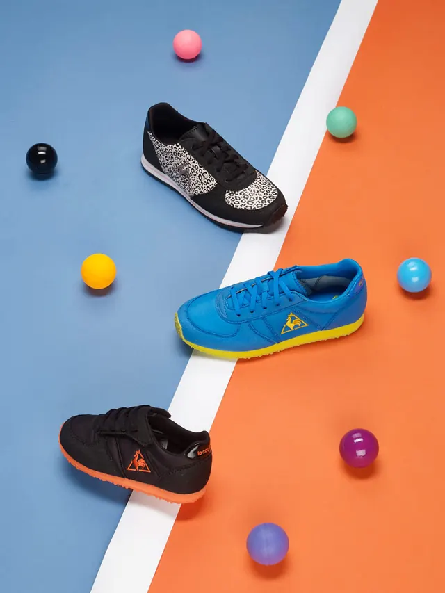 Le Coq Sportif sneaker still life, photographic, playful, vibrant